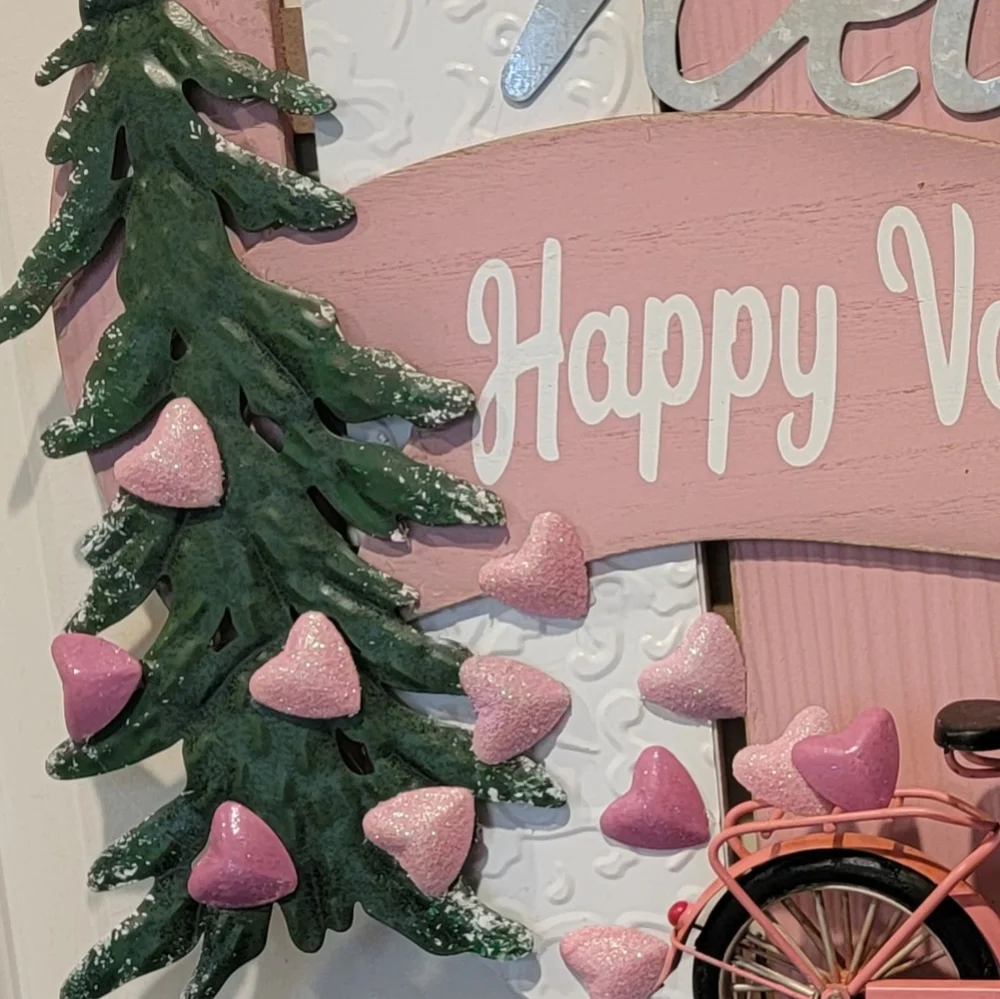Valentine's Day Bike Adventure Plaque Wall Decor Wreath Pink Wood Tin - Picture 4 of 4